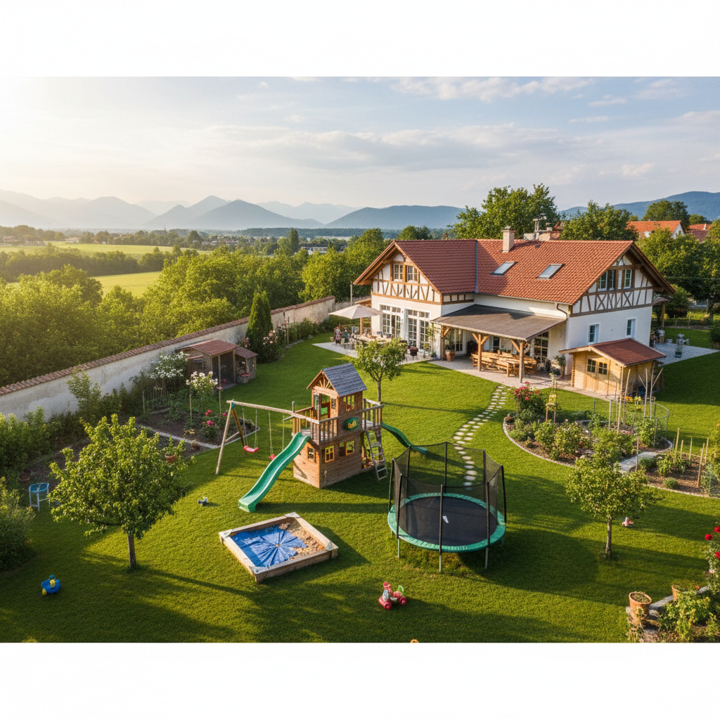Large family house with terrace, sunny day, residential neighborhood