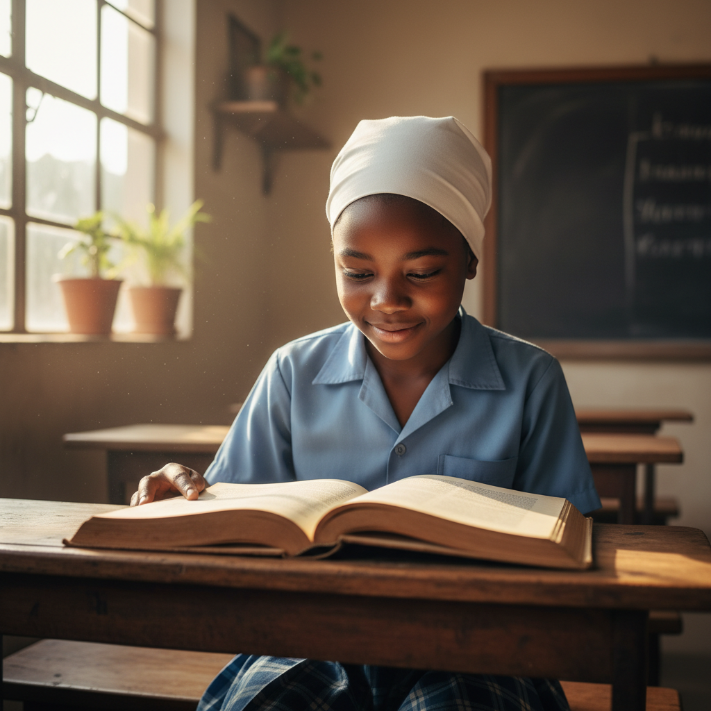 Young African schoolgirls in blue uniforms reading books together, with Joe & Jane Humanitarian Foundation banner visible in background, bright outdoor light