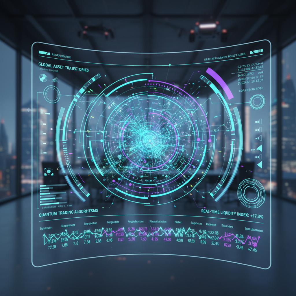 Futuristic fintech interface with glowing data visualizations and orbital graphics