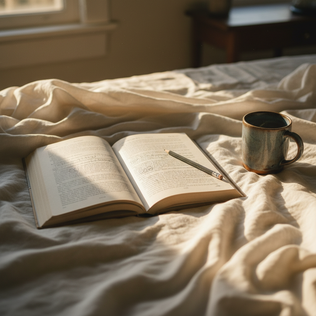 Open book with pencil annotations on rumpled linen sheets, ceramic mug casting a half-shadow, warm morning light