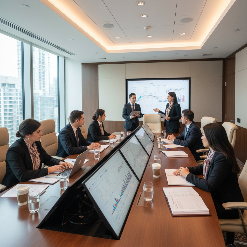 Financial professionals reviewing investment portfolios on multiple computer screens in modern trading floor