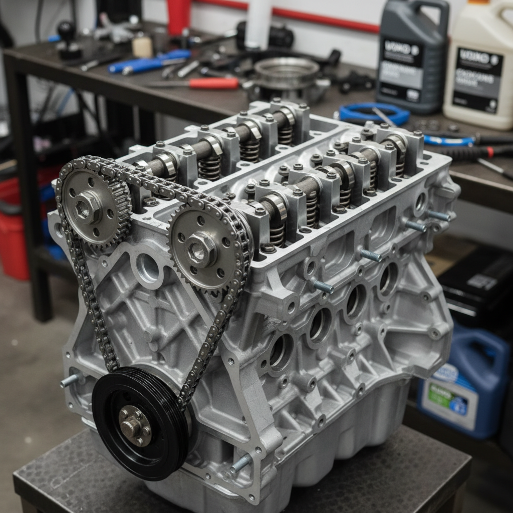 Rebuilt engine mounted on dynamometer with clean cylinder head and new components installed