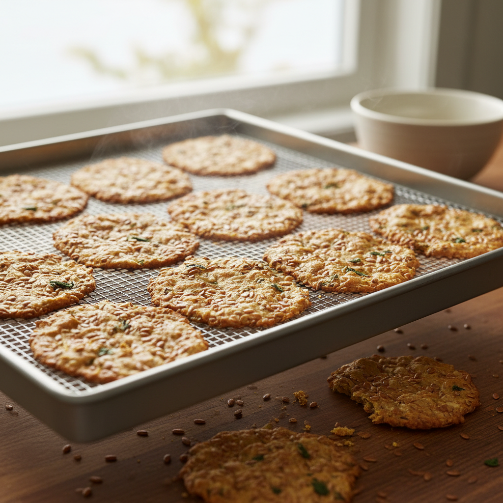 Dehydrator tray of golden flax crackers being pulled mid-session showing texture