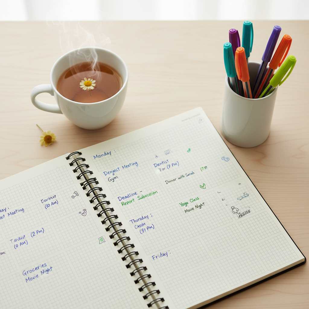 Weekly spread open on a desk with coloured pens arranged neatly and a cup of chamomile tea