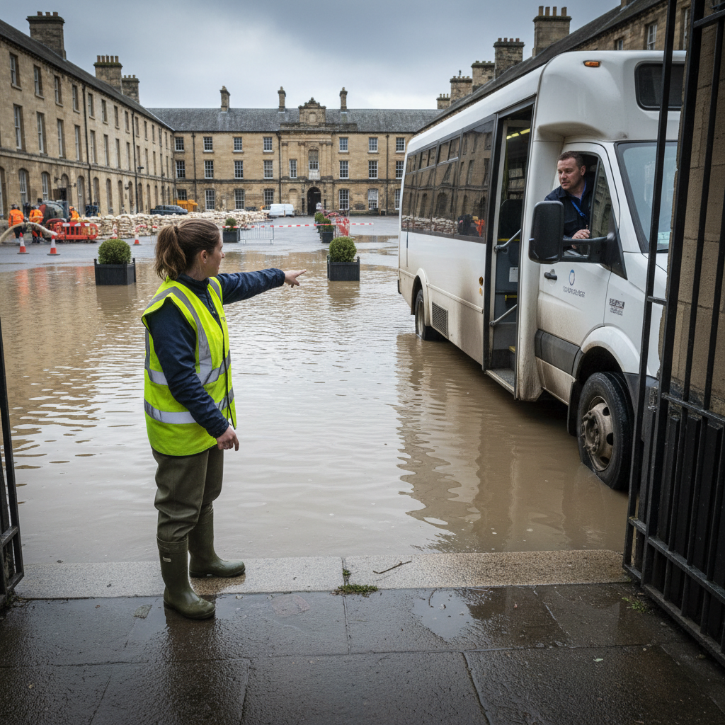 Coordinator redirecting shuttle driver at courtyard entrance after road flooding