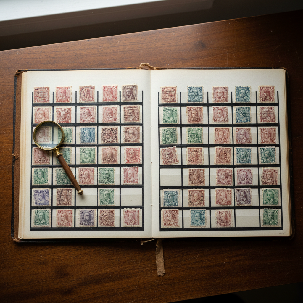 Open leather stockbook showing rows of 19th century US stamps in protective mounts
