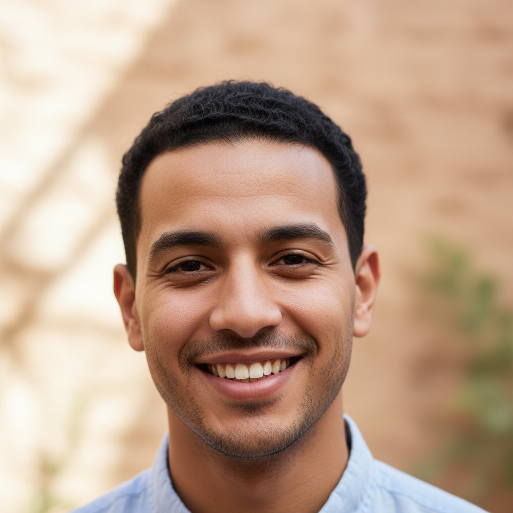 Young Moroccan man with short beard, friendly smile, white shirt, bright daylight background