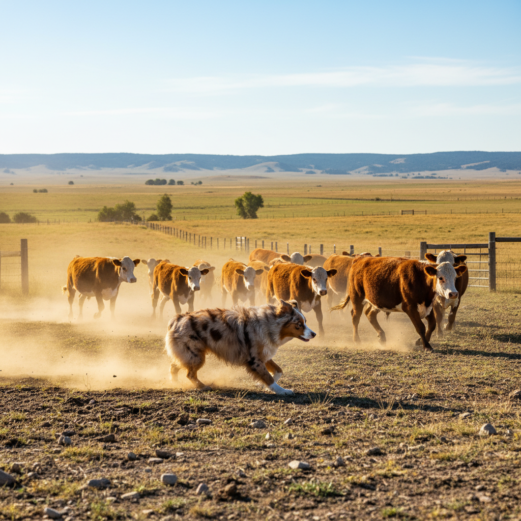 Australian Shepherd working cattle on a ranch, demonstrating natural herding instinct