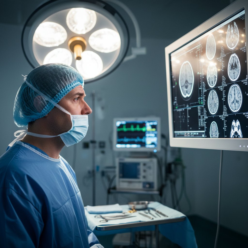 Surgeon reviewing scan in operating theater under bright lights