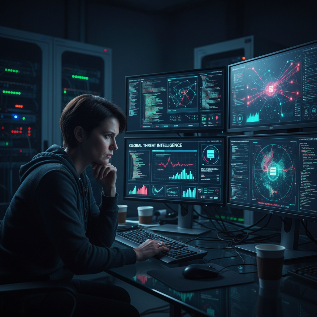 Cybersecurity analyst monitoring network security dashboard with threat detection systems