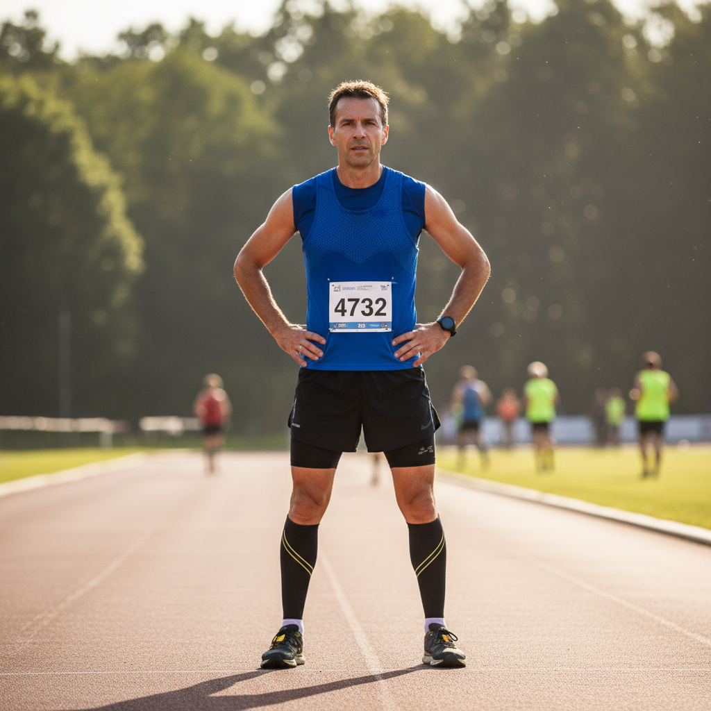 Kwame Asante, man in his 40s with athletic build wearing running vest and race bib