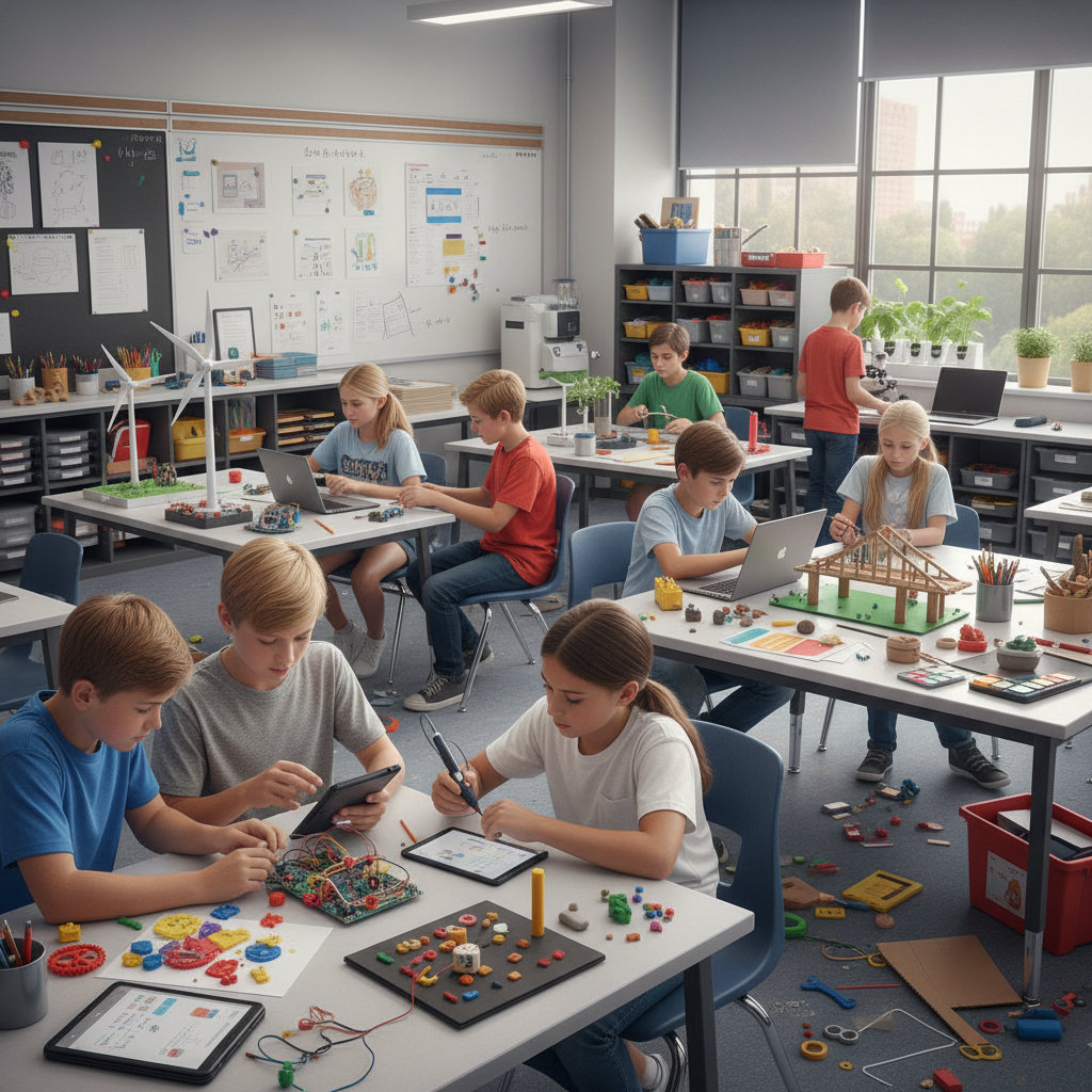 Students working on STEAM interdisciplinary project, science and technology materials on table, collaborative group activity, bright classroom