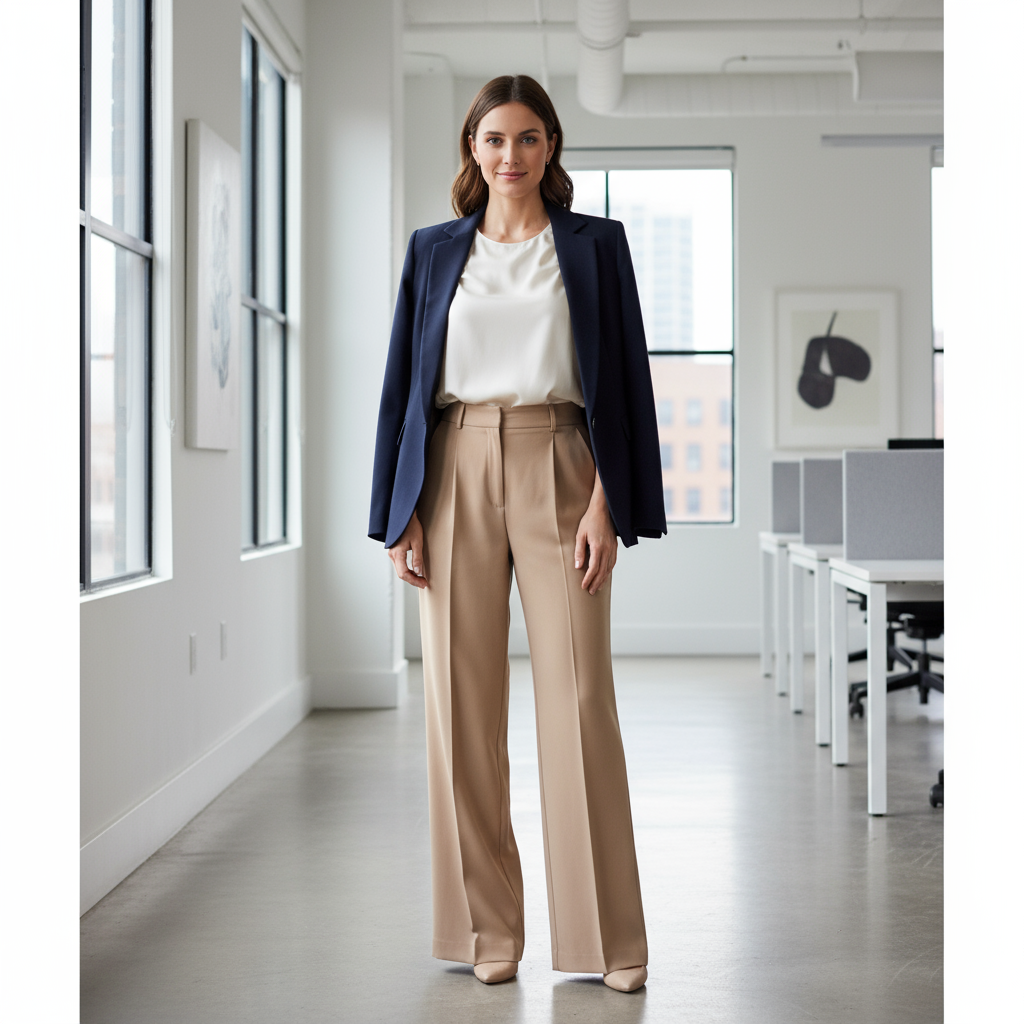 Zainab Okonkwo in professional beige RIIB tunic and matching trousers at her office workspace