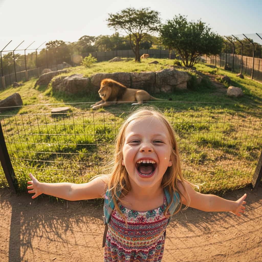 Young girl laughing with excitement in front of lion enclosure