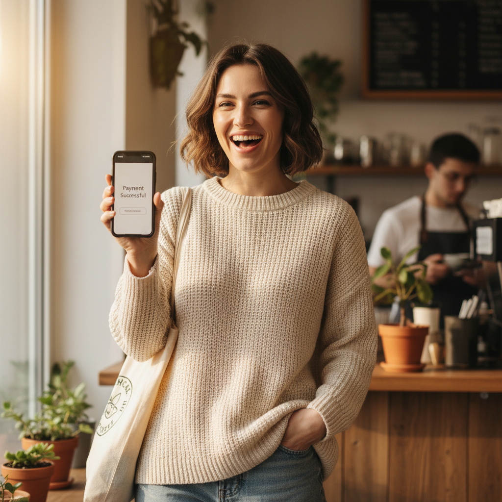 Person checking mobile phone with payment notification, bright daylight, happy expression