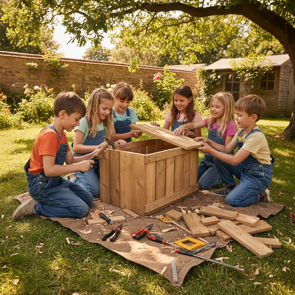 Children building a wooden hedgehog house in a sunny back garden with tools and wood pieces