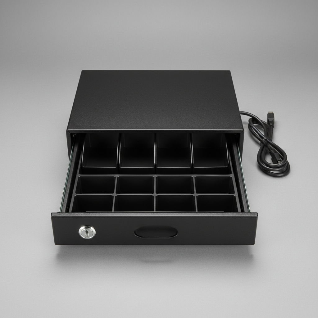 Proline CM410 black cash drawer with RJ11 connector, insert tray, 5 bill and 8 coin compartments for POS systems