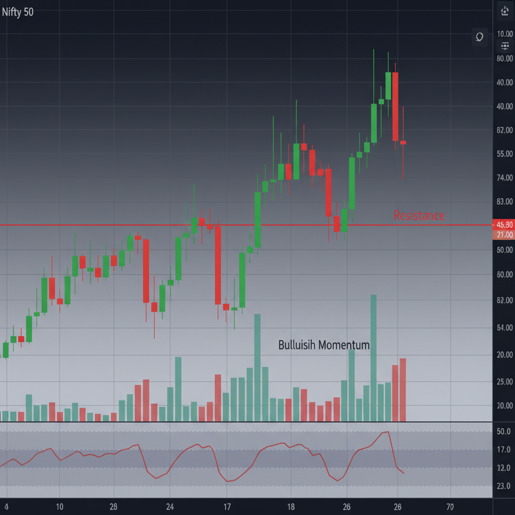 NSE Nifty 50 candlestick chart on professional trading terminal with technical indicators, dark background with green and red candles