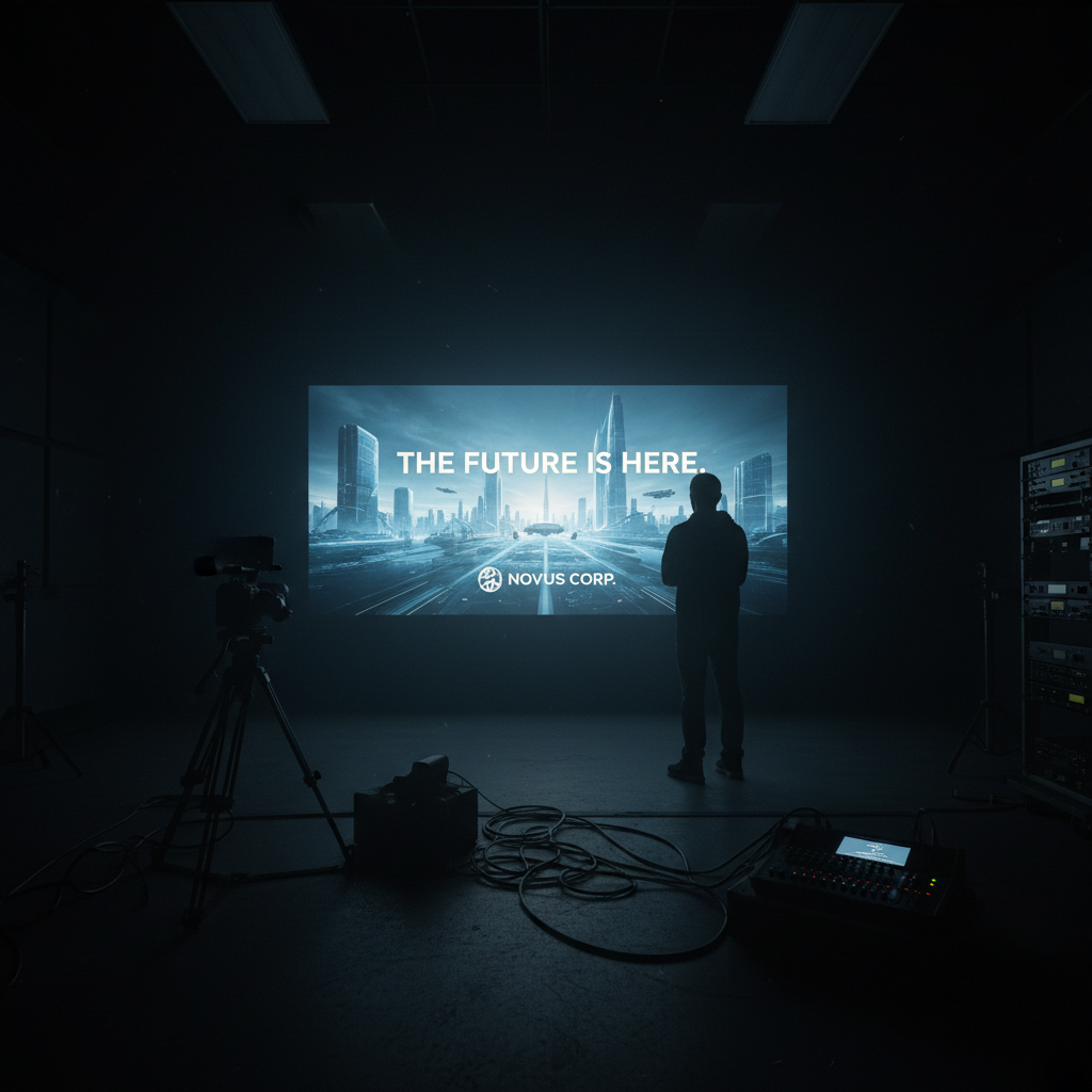 Television spot final frame held on screen in a dark production studio