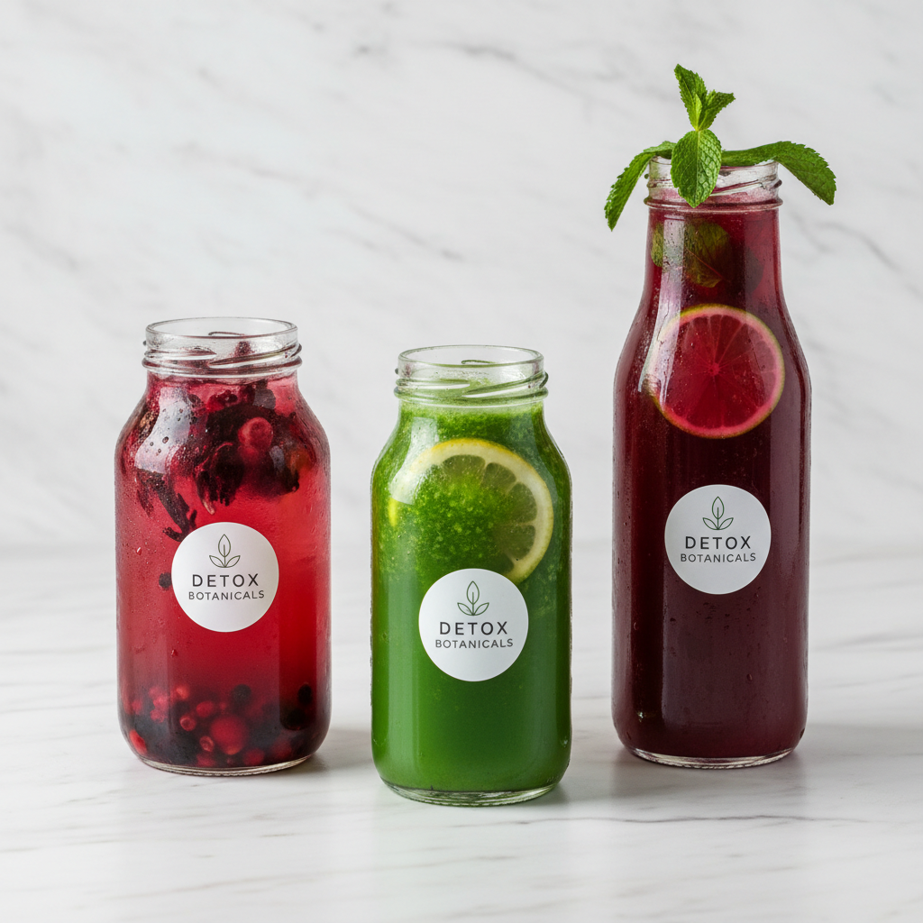 Clean minimal wellness product display with natural botanicals and green herbs on a light stone surface, bright airy natural light