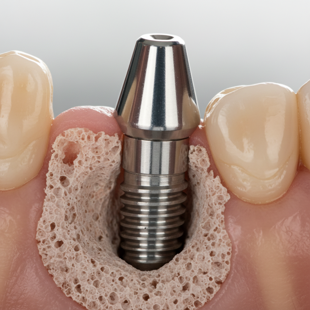 Dental surgeon placing titanium implant post into jawbone