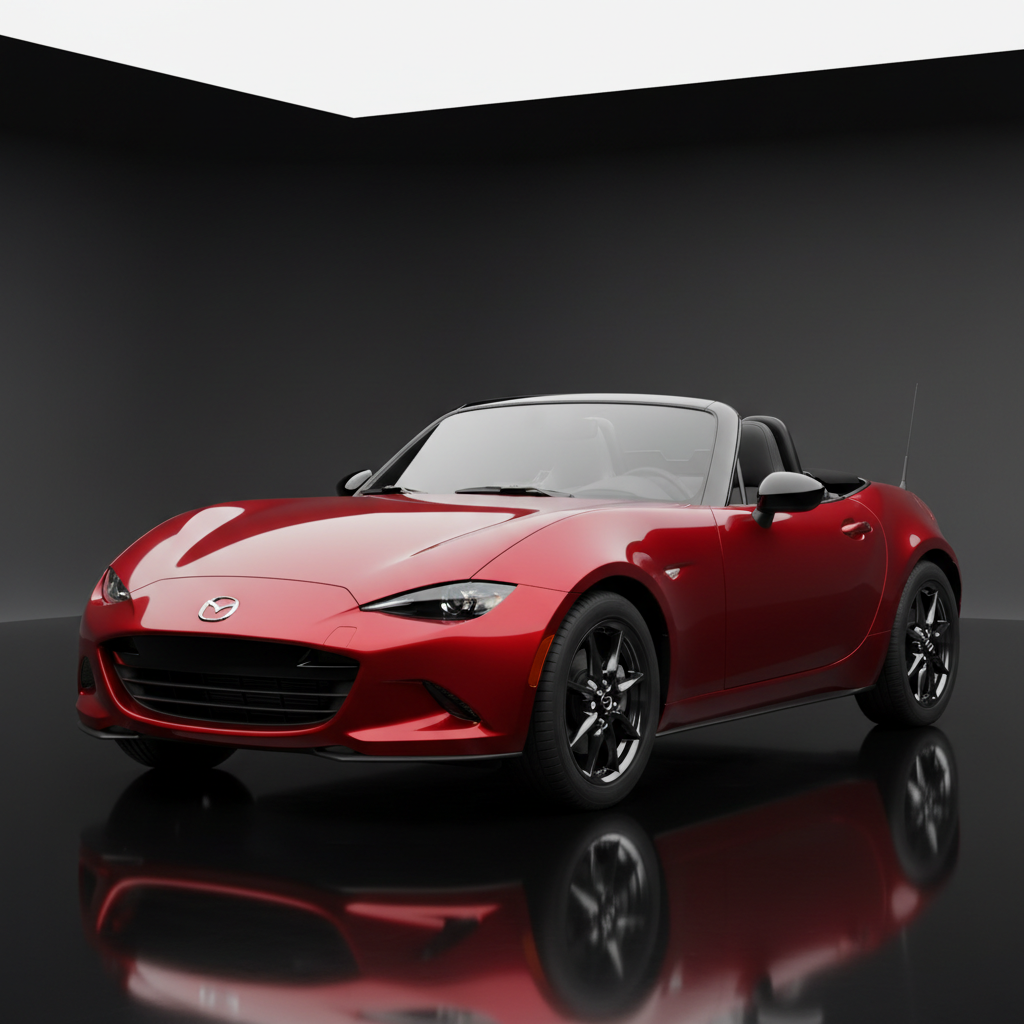 Red Ferrari sports car in dark studio, dramatic side lighting, deep shadows and reflections
