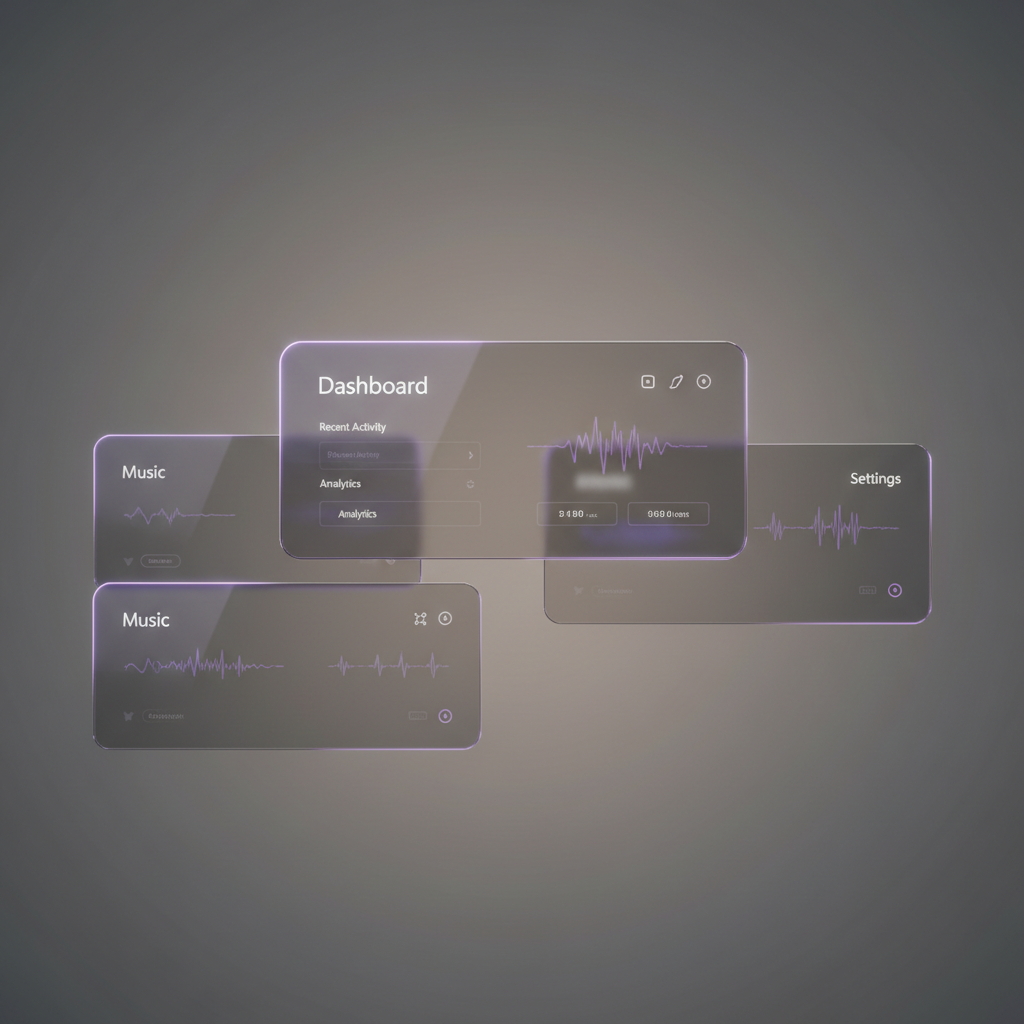 Abstract app interface with clean cards on dark screen, deep shadows