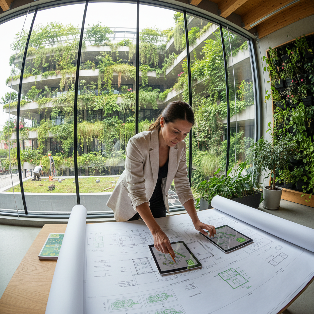 Sophia Reyes, Head of Sustainability, professional woman with warm smile, green building visible through window behind her