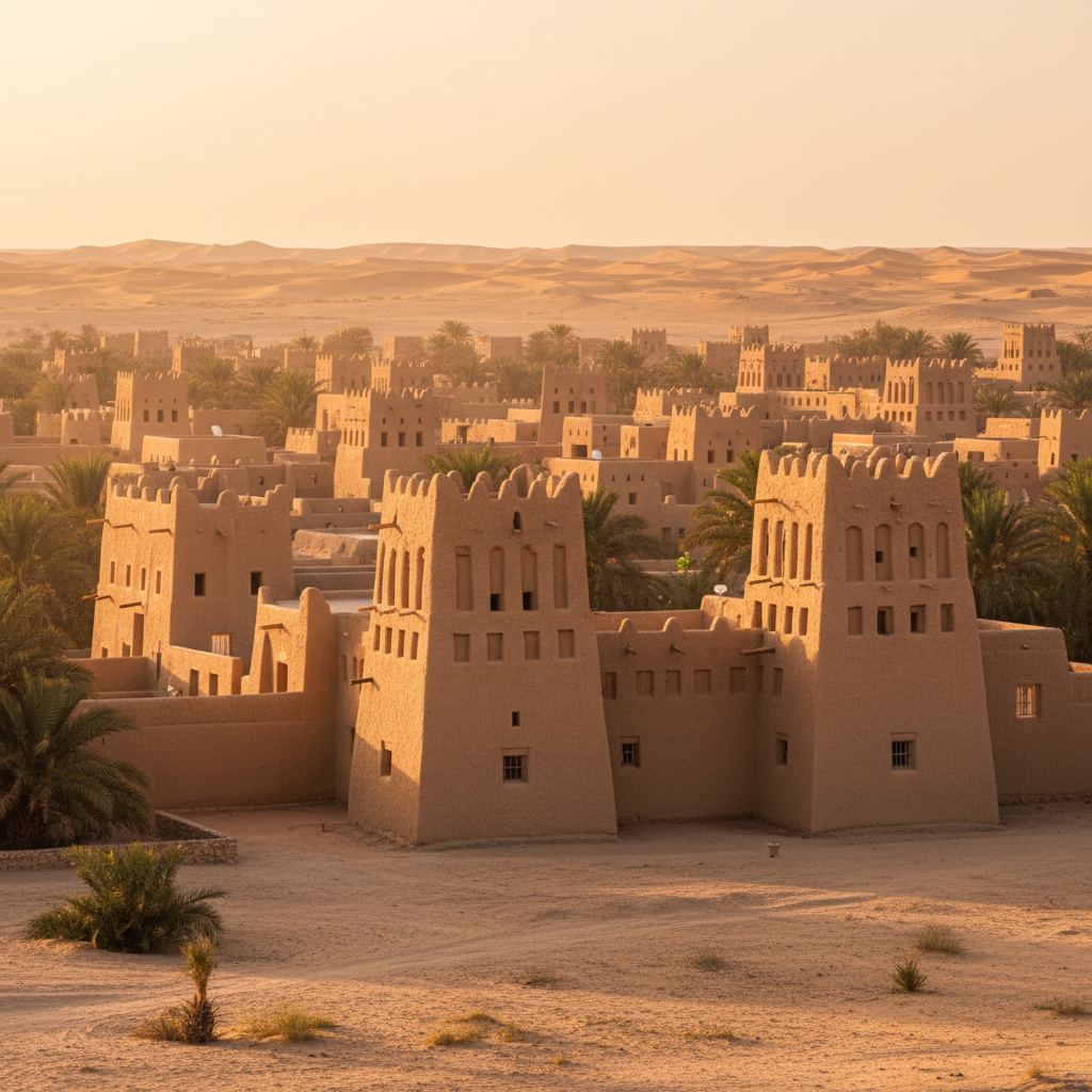 Rajasthani desert landscape with traditional painted mud walls and colourful tribal artwork in warm afternoon light