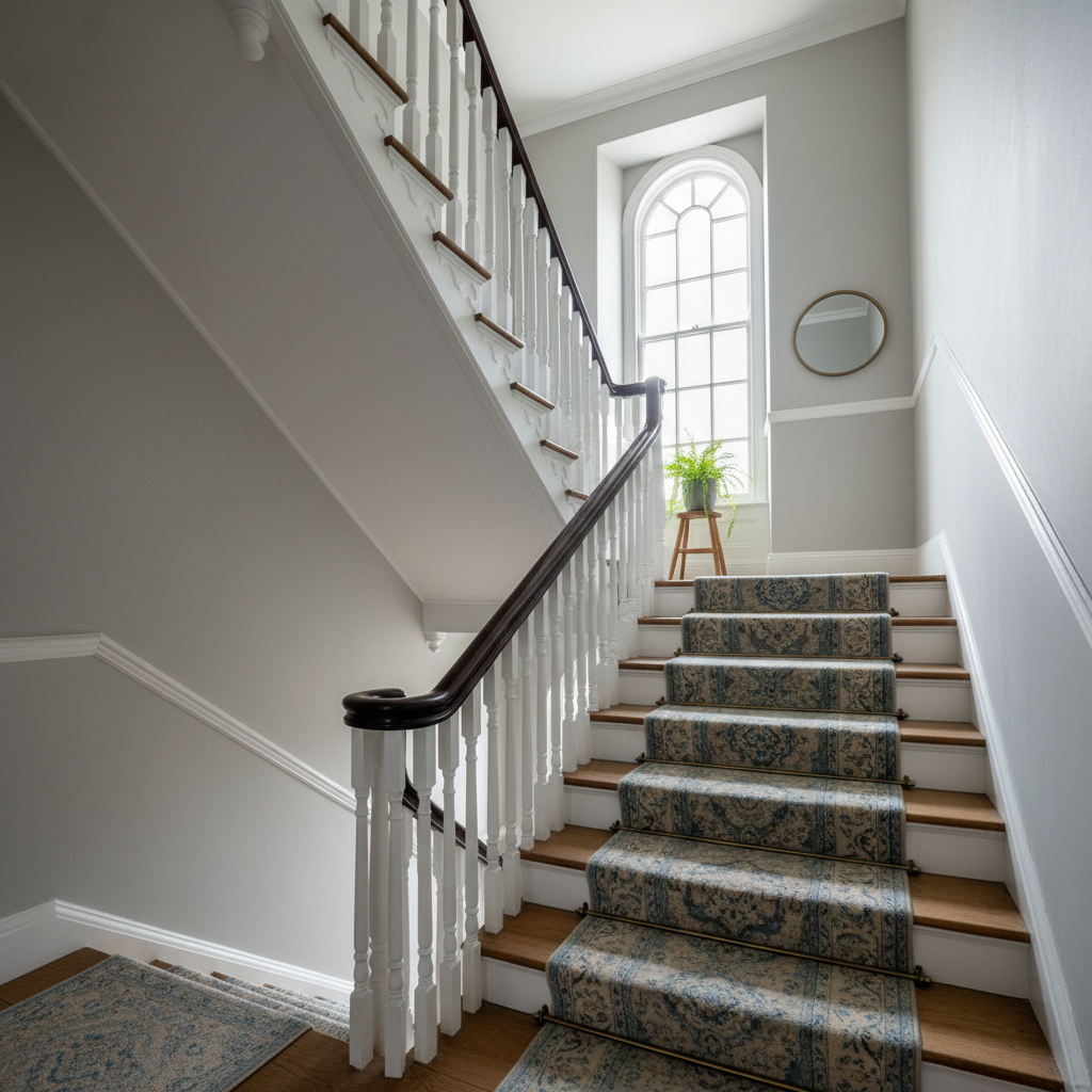 Fully refurbished Victorian terrace staircase with painted spindles and smooth plastered walls