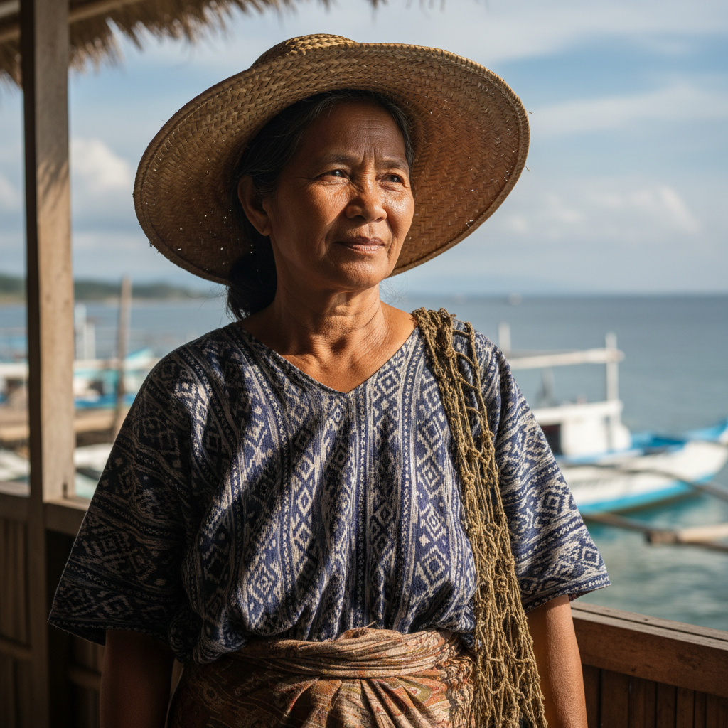 Filipino woman in her 50s with short black hair wearing traditional barong tagalog, smiling warmly in community office