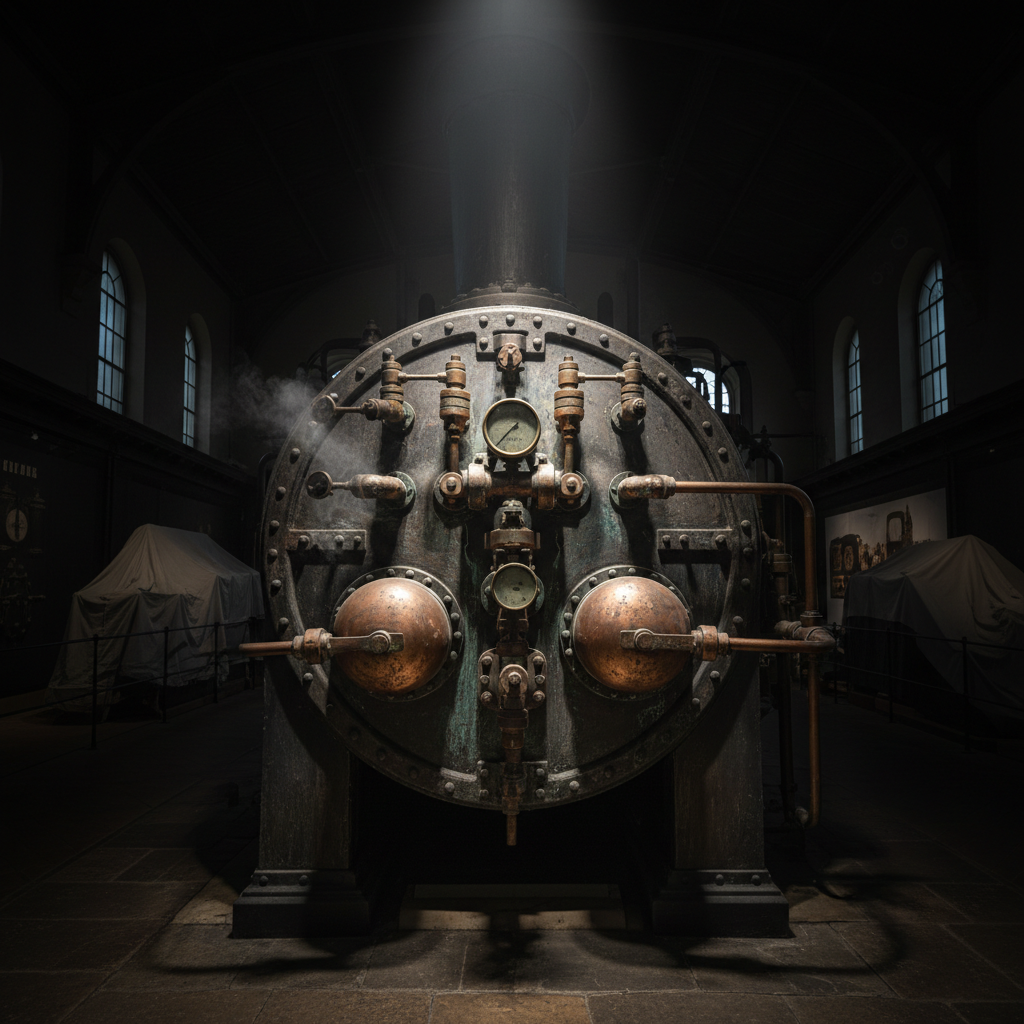 Steam-powered vehicle iron boiler in dark museum hall, dramatic spotlight on aged copper and steel fittings
