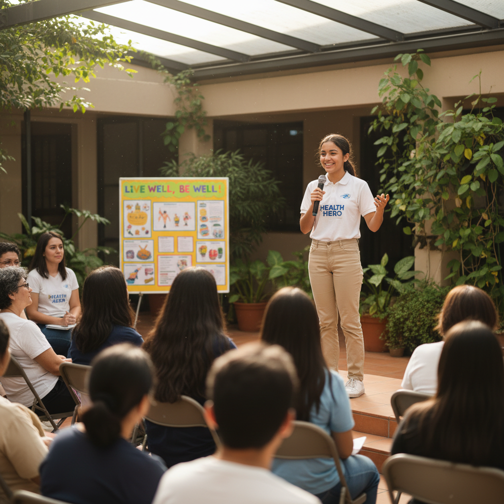 Healthcare professional giving health education talk to community members