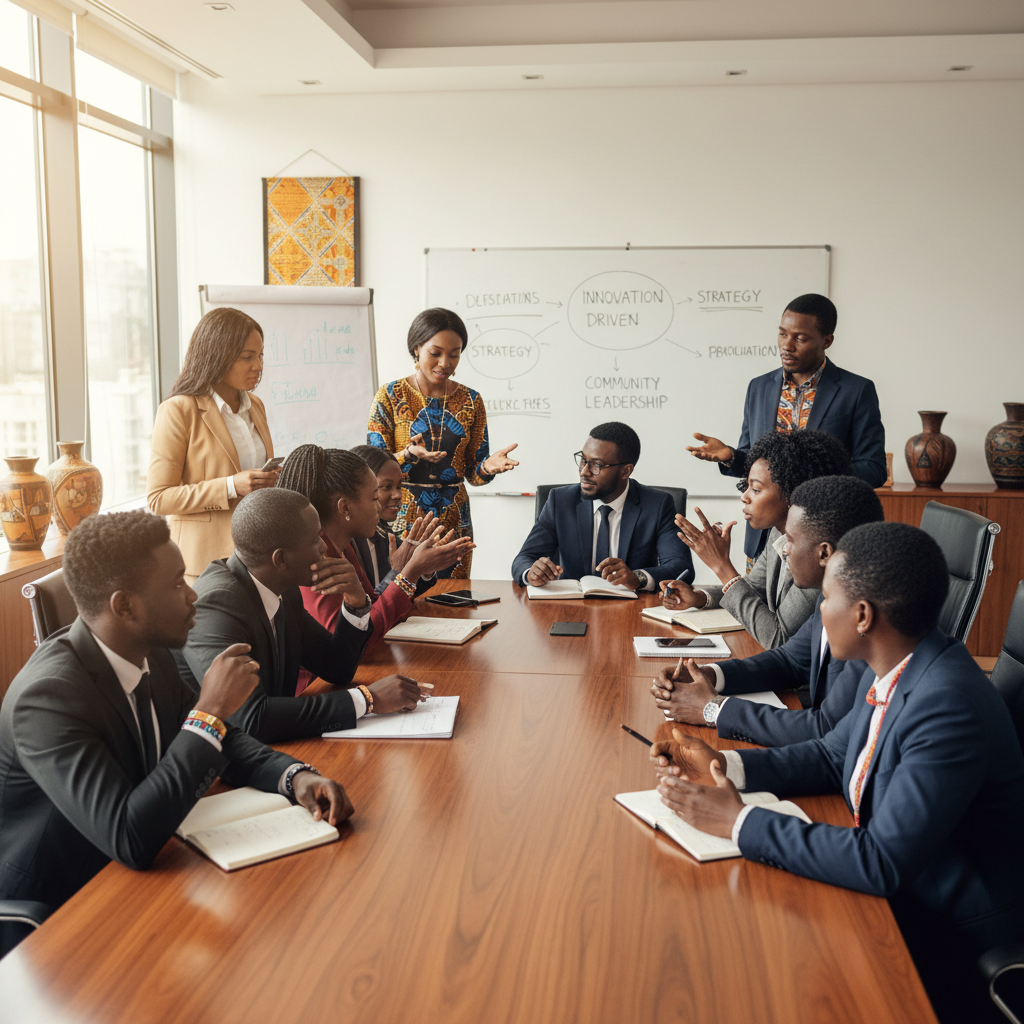 Professionnel africain guidant un nouveau collaborateur lors de son intégration dans l'entreprise