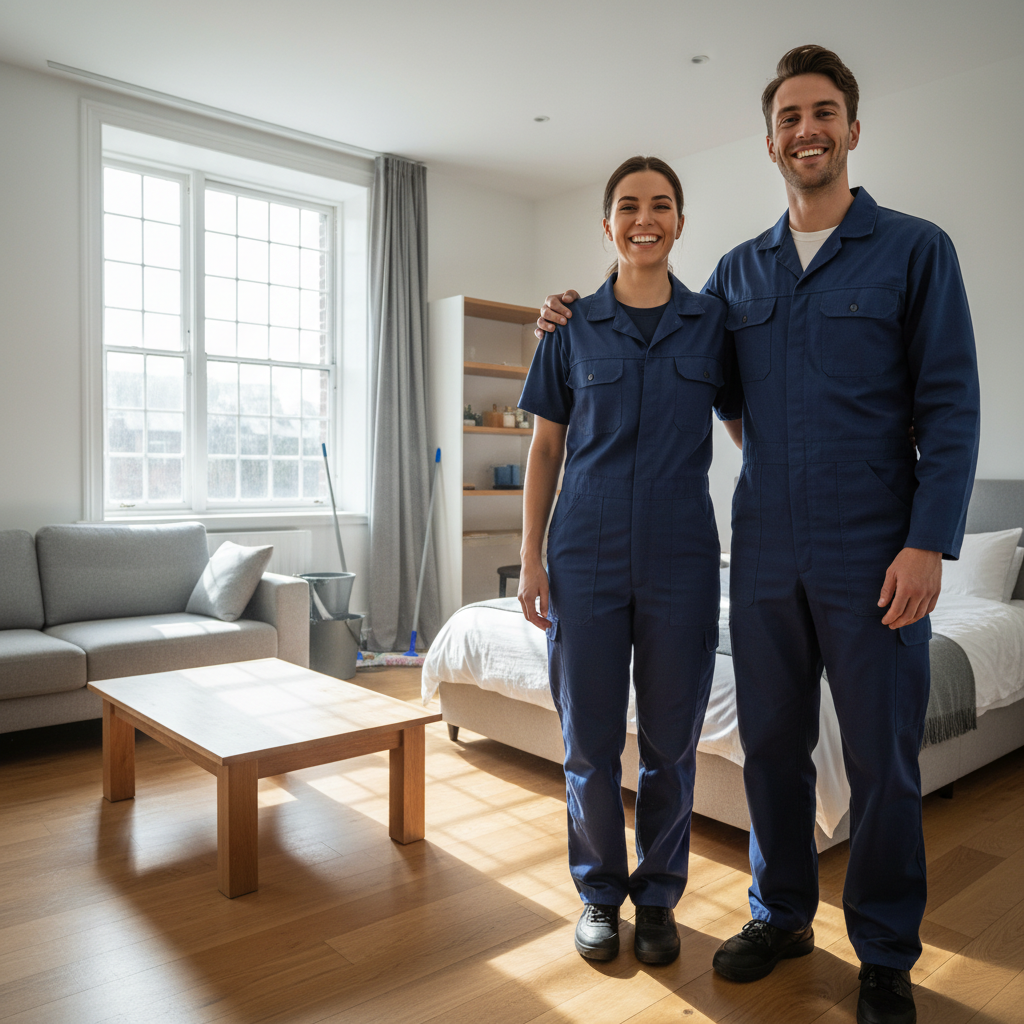Male and female cleaner in navy uniforms smiling in a Sai Ying Pun studio flat after cleaning