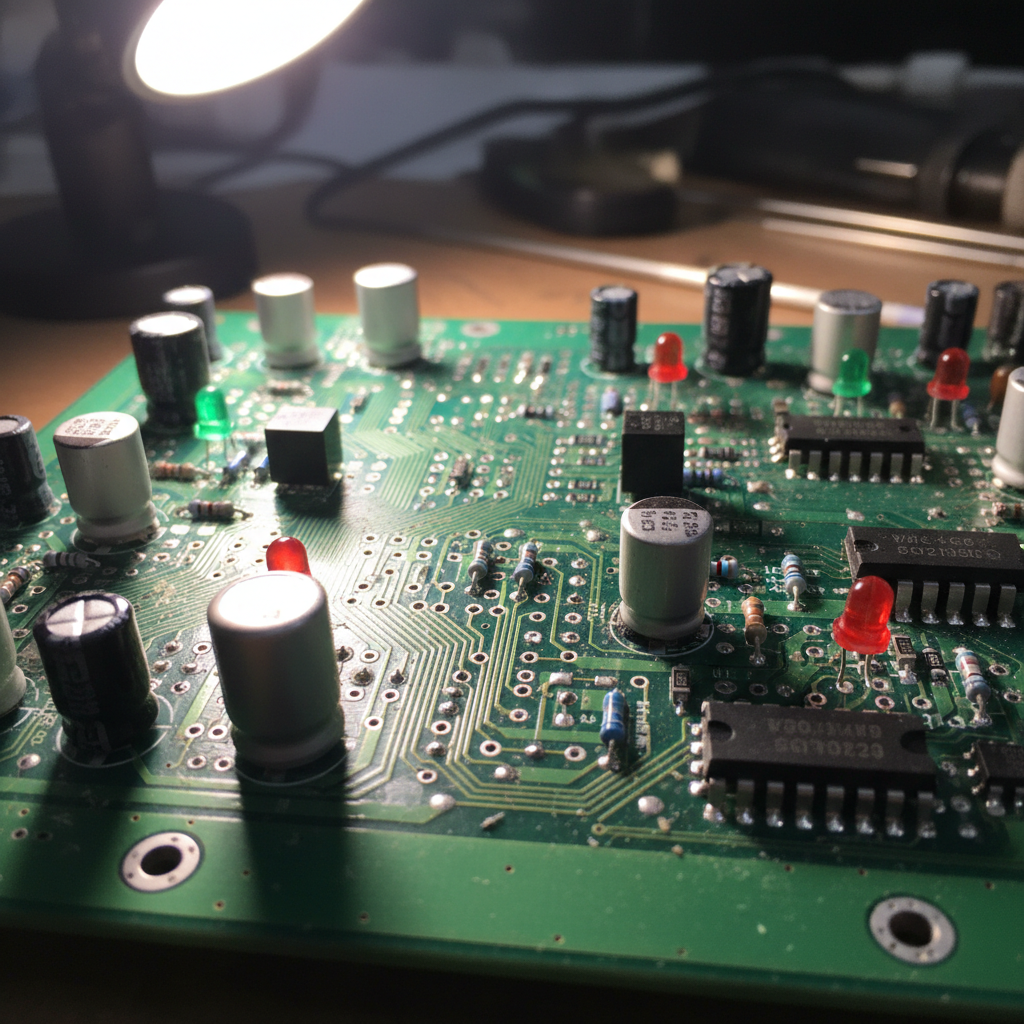 Close-up of a green PCB circuit board with copper traces and electronic components soldered on, bright workshop lighting