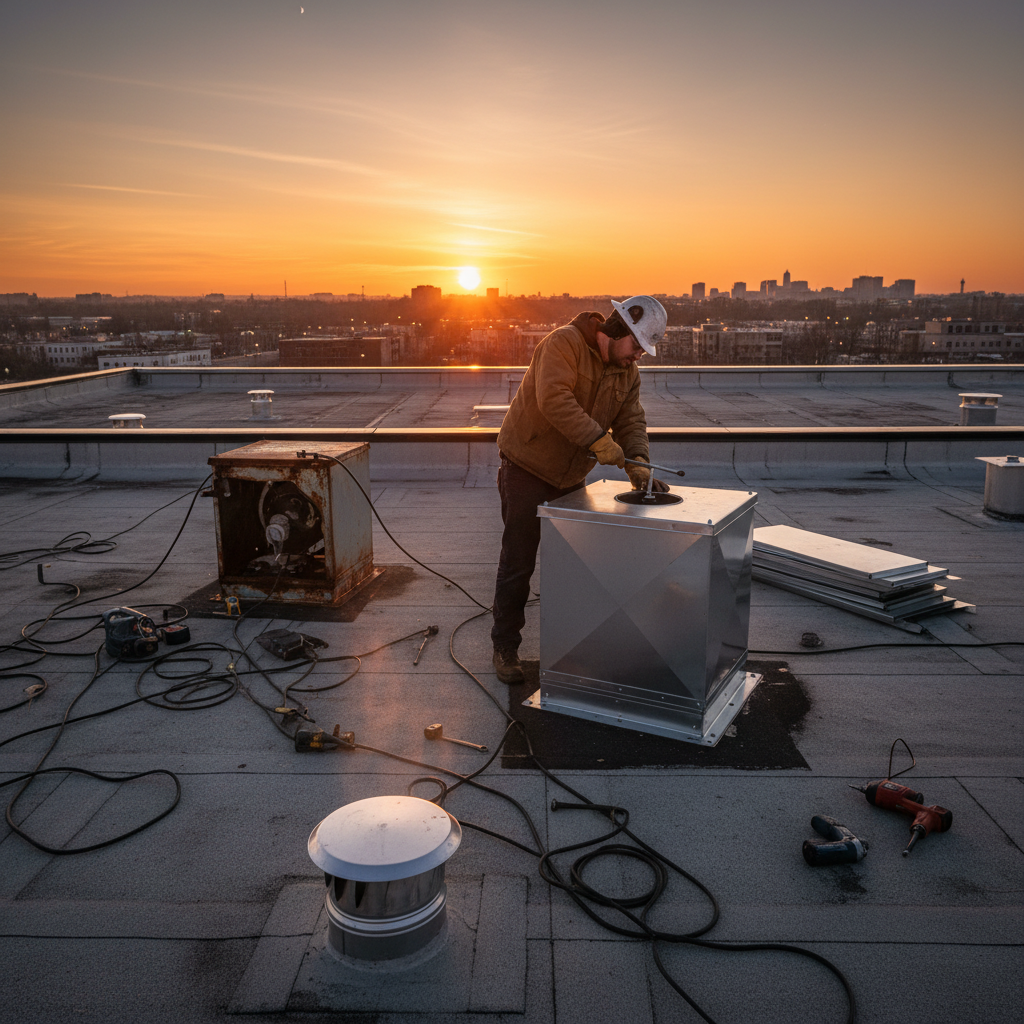 Technician performing emergency rooftop commercial exhaust unit replacement on restaurant roof at dusk