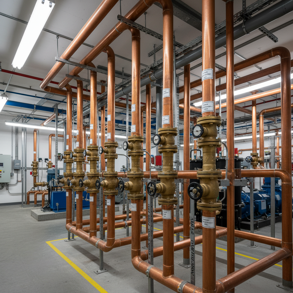 Commercial mechanical room showing copper pipe risers and labeled valves