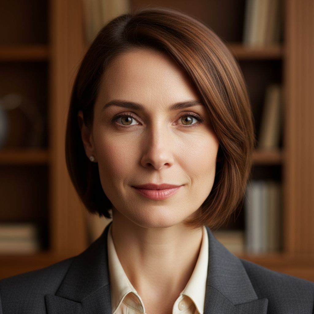Confident professional woman with intelligent gaze, soft editorial lighting