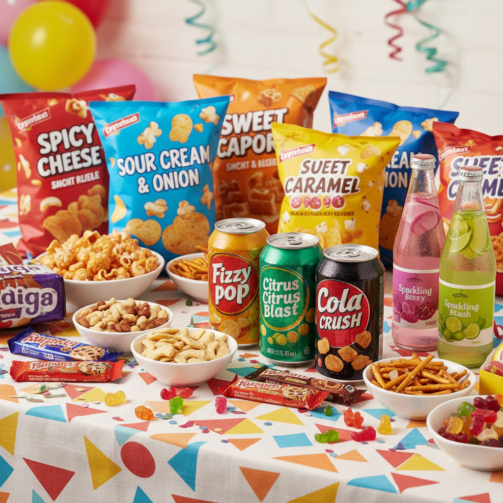 Colorful birthday party food spread with decorated snacks and treats on festive table