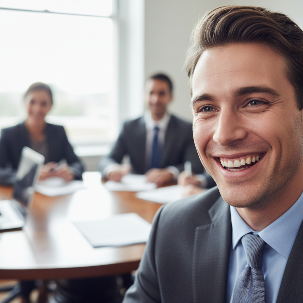 Young attorney laughing, genuine moment at roundtable