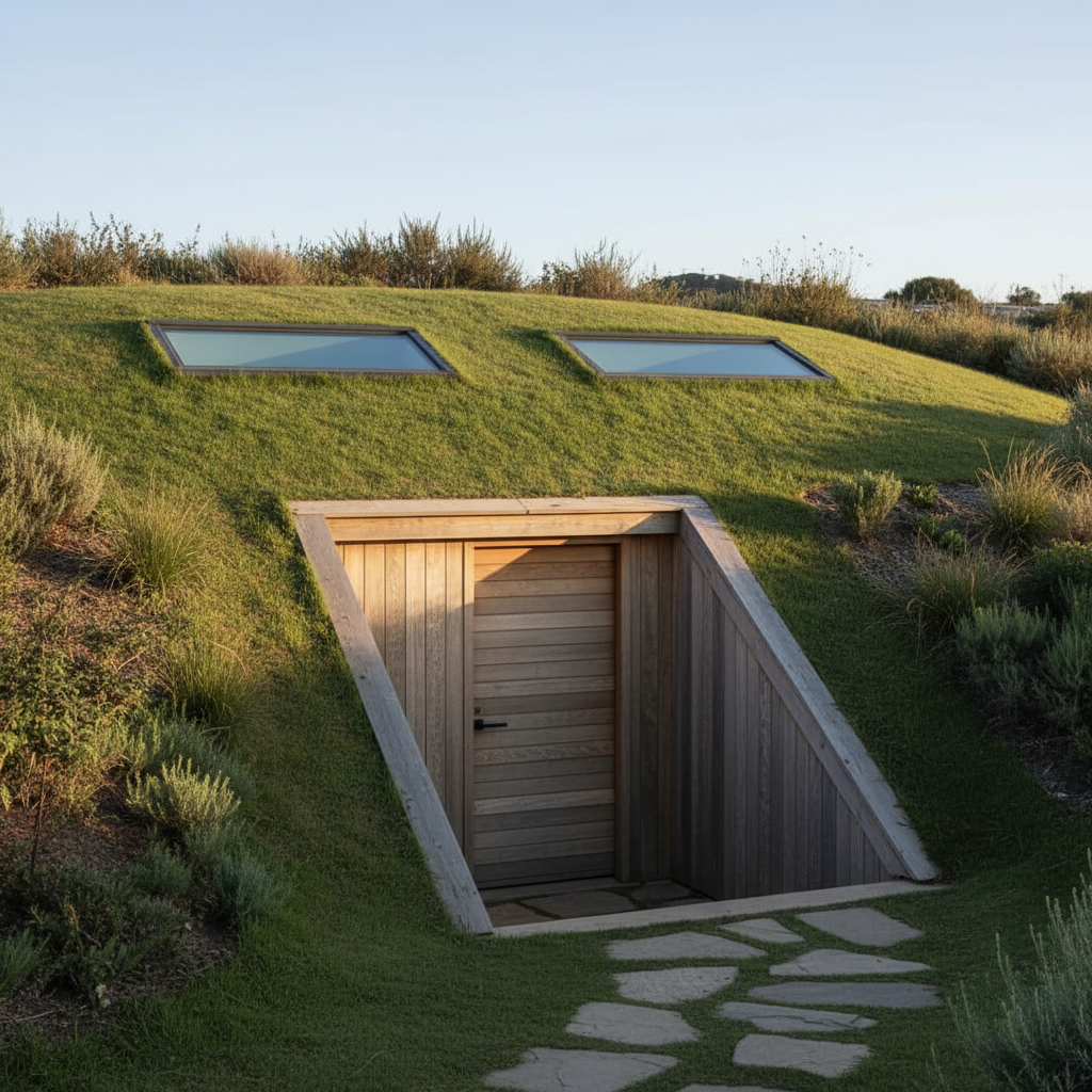 Same hillside after renovation showing two flush skylights and a discreet timber entrance set into the slope