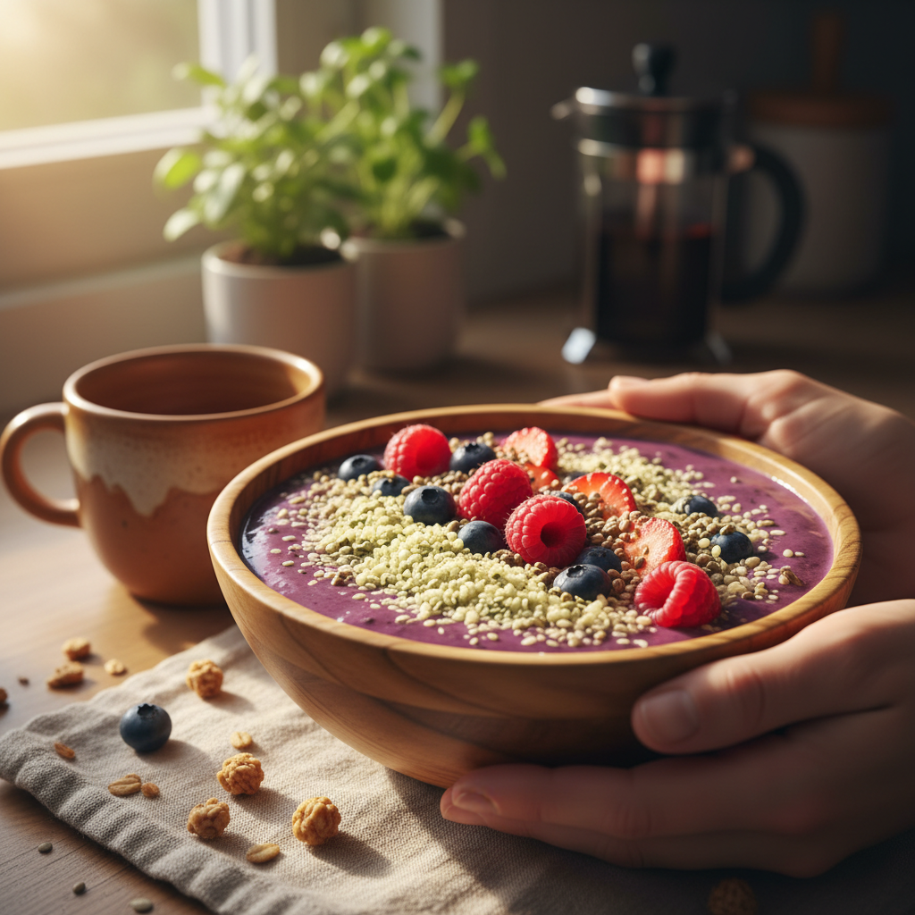 Smoothie bowl with hemp protein powder, fresh berries, and hemp hearts sprinkled on top — morning kitchen light, hands in frame