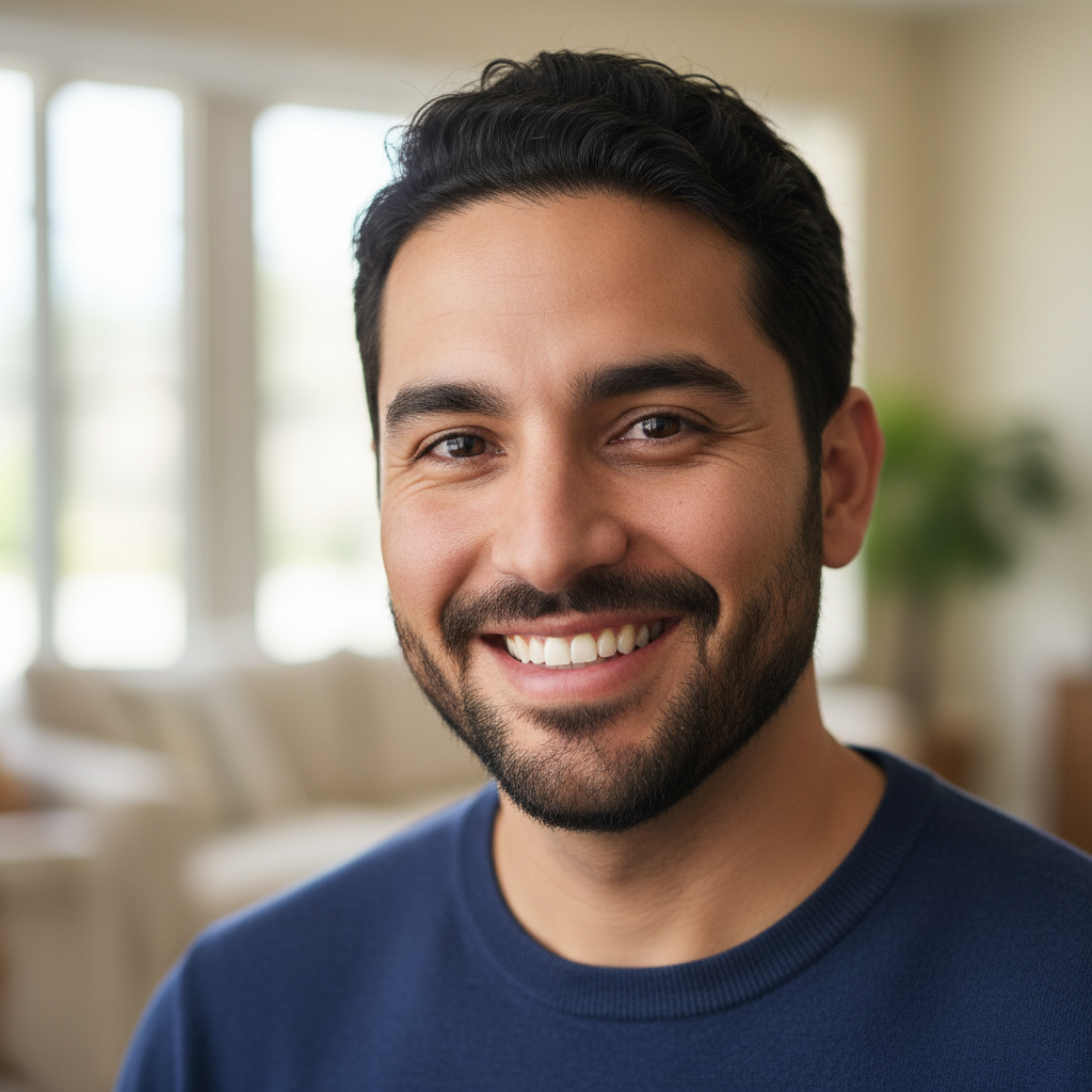 Professional headshot of Hispanic man with short black hair in navy suit smiling at camera