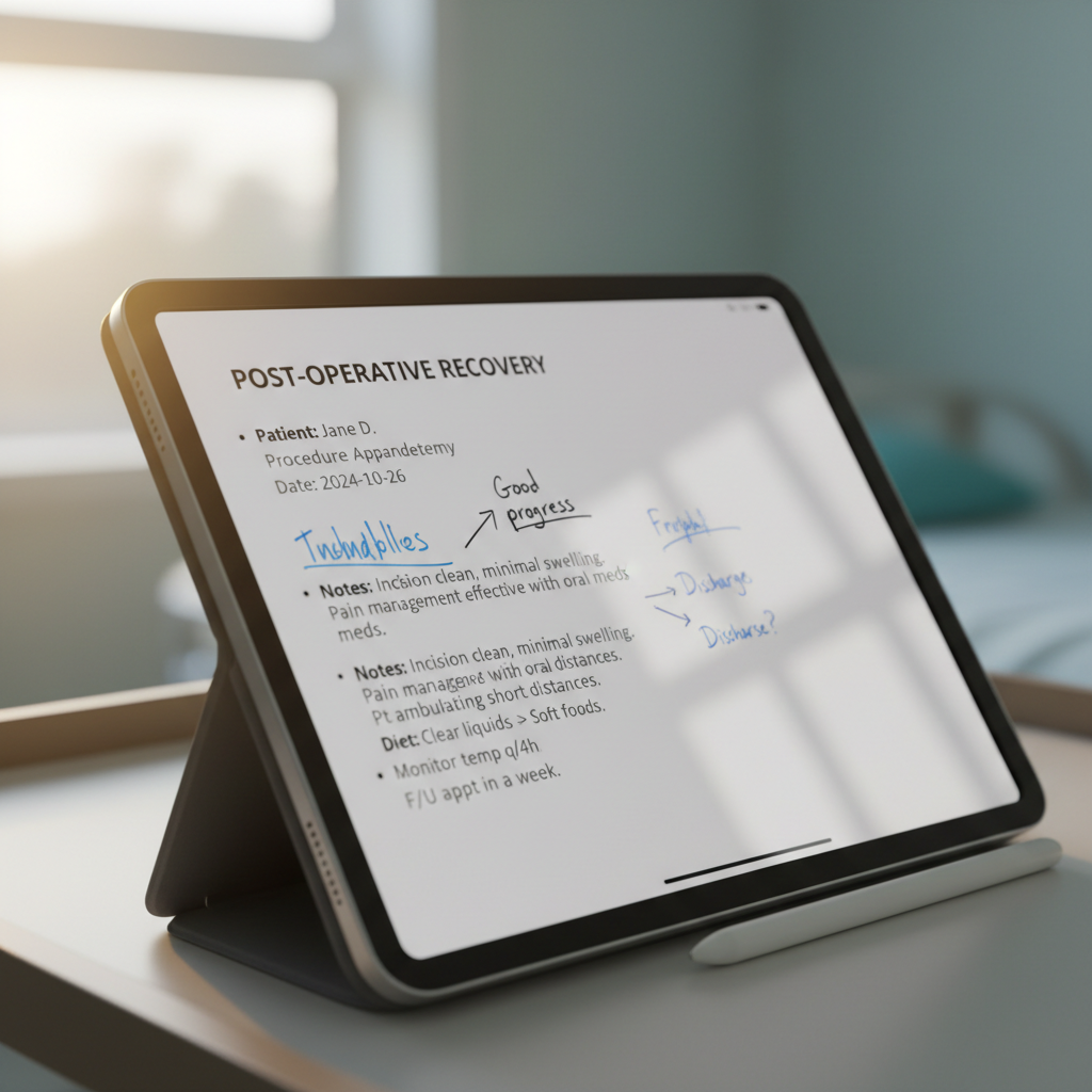 Close up of surgical recovery notes on a tablet with soft morning light