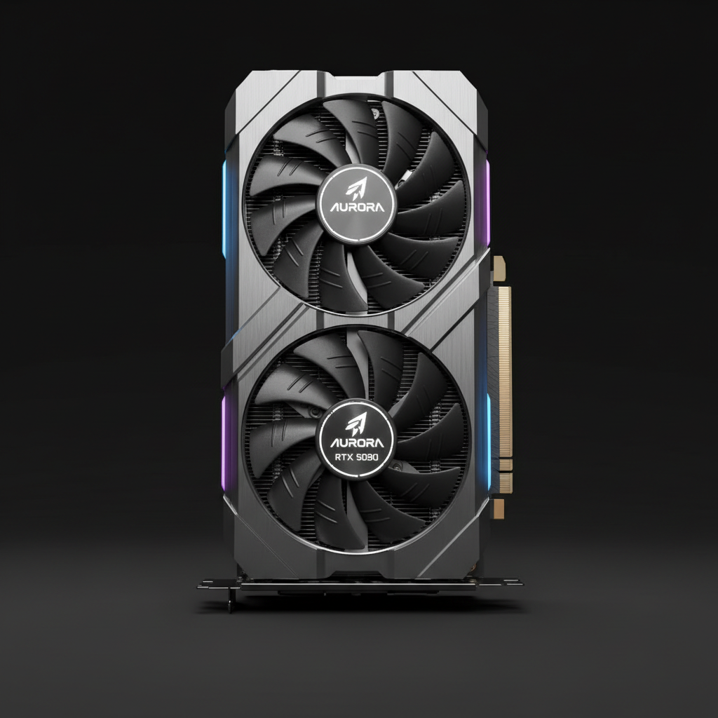 NVIDIA RTX 5090 GPU with black metallic finish on dark studio background, deep shadows