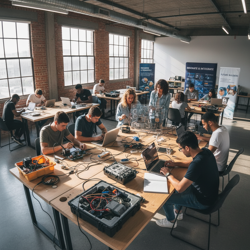 Students working on electrical training equipment in a bright workshop setting