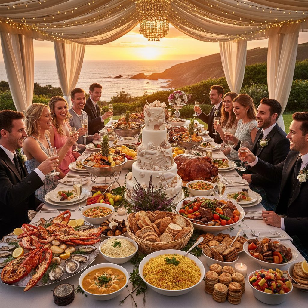 Wedding celebration with guests on a sunlit coastal terrace overlooking the sea