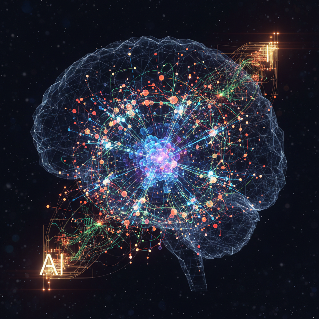 Abstract visualization of multiple AI model nodes connected in a routing network