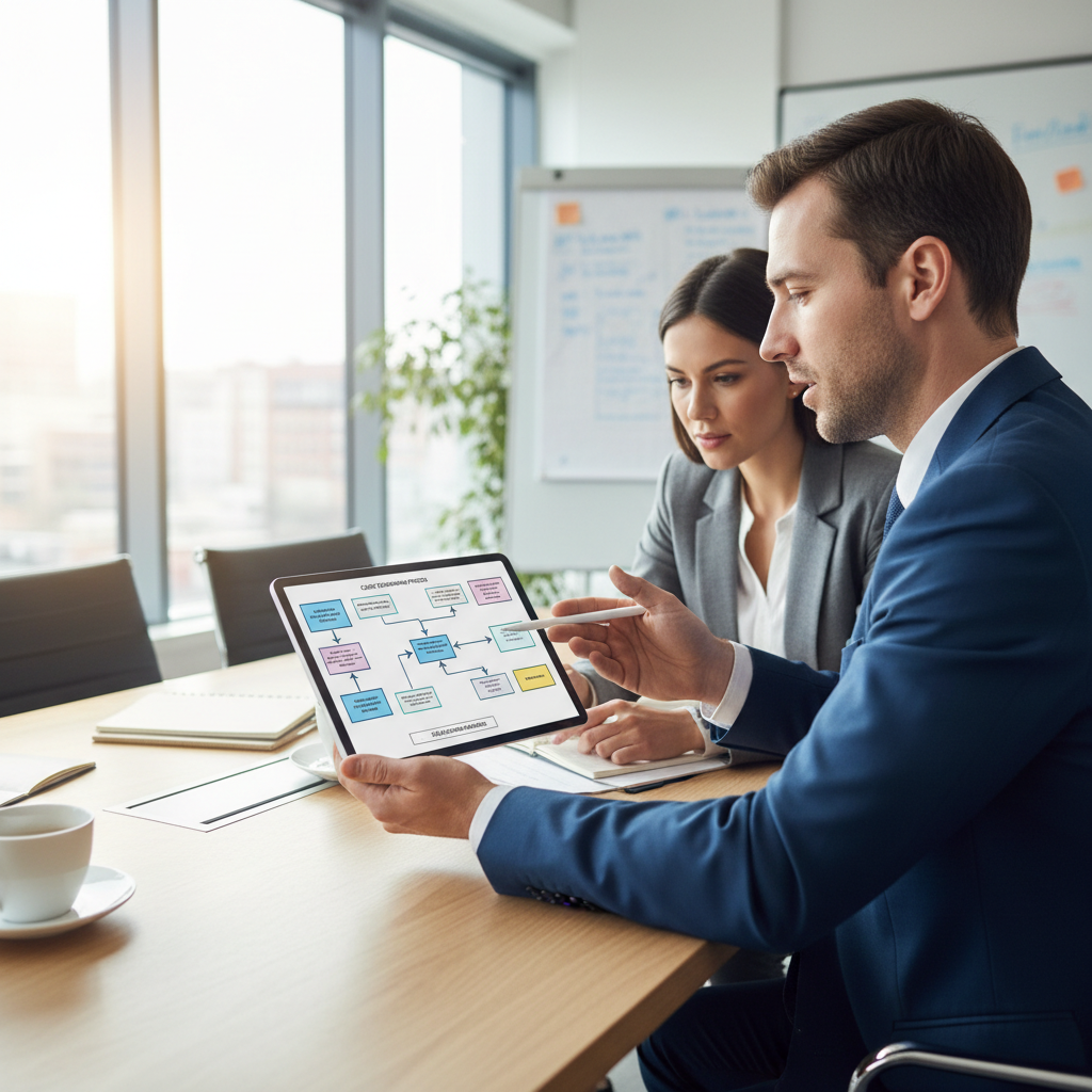 Business process optimization consultant reviewing workflow diagrams and efficiency metrics
